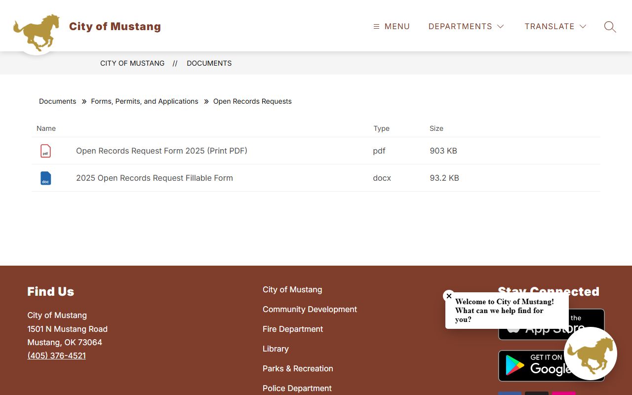 Mustang open records request page for felony records in Mustang Oklahoma
