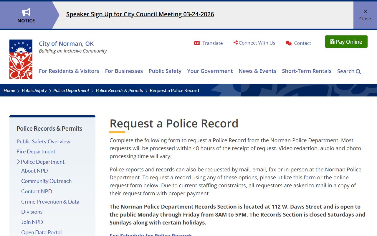 Norman Police record request form for felony records