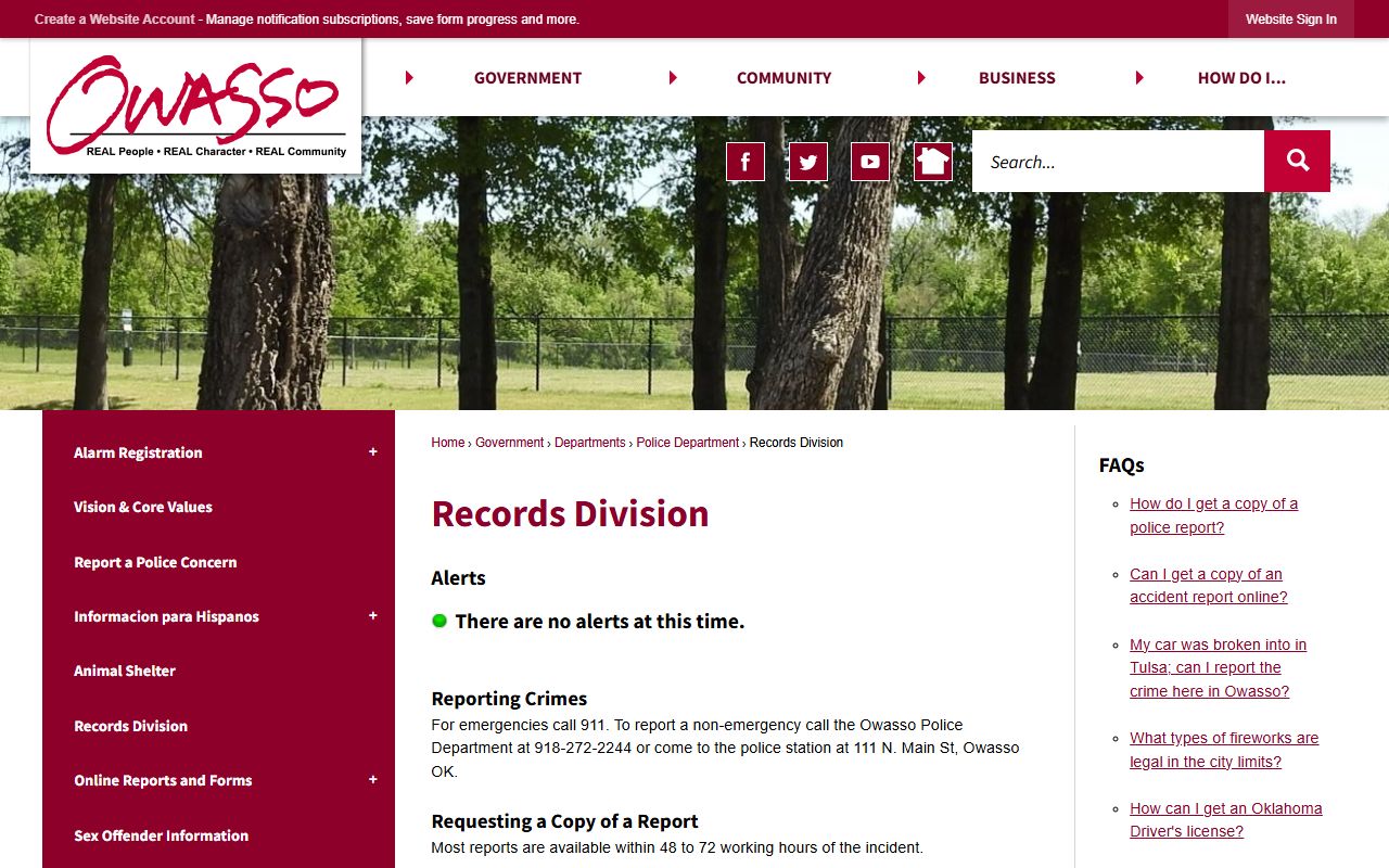 Owasso Police records division for felony records in Owasso Oklahoma