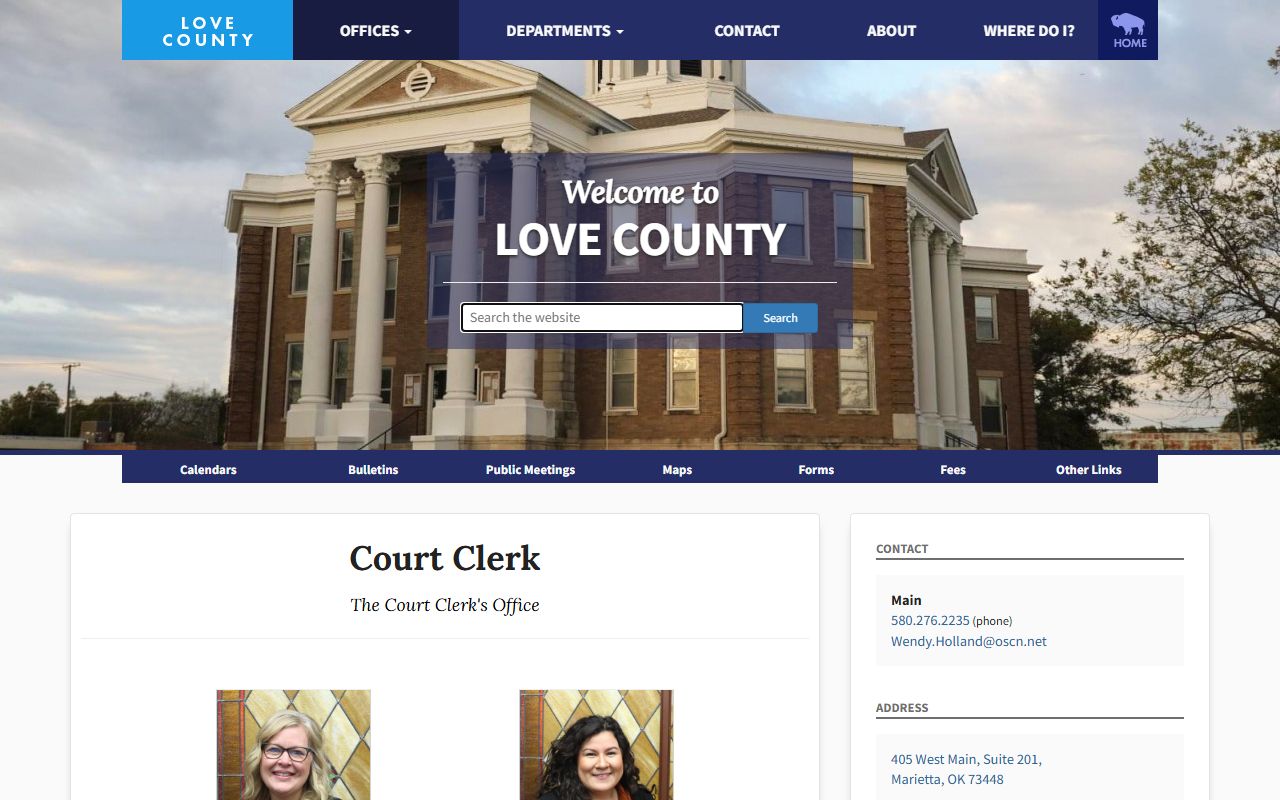 Love County website showing felony records access information
