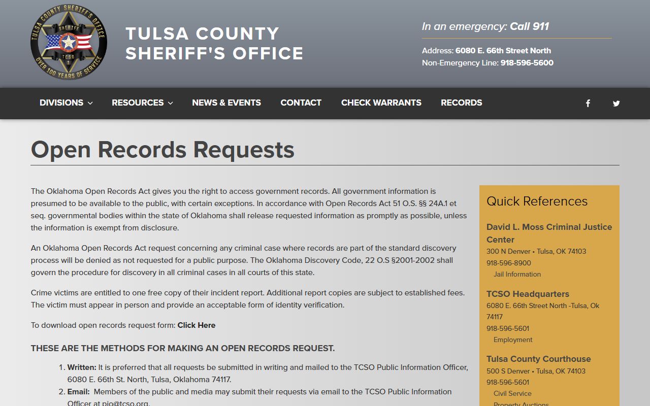 Tulsa County Sheriff public records requests for felony records