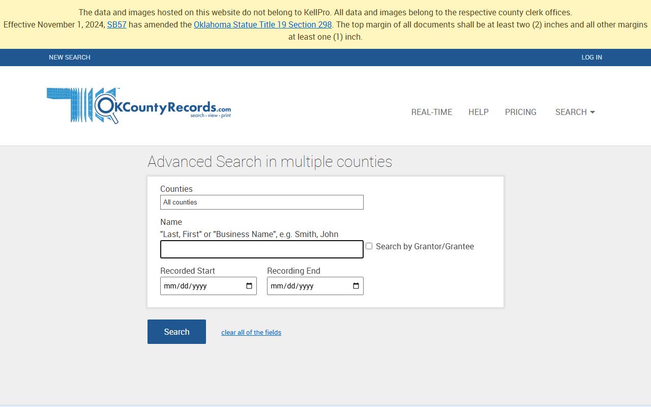 OK County Records search home page for Oklahoma felony records