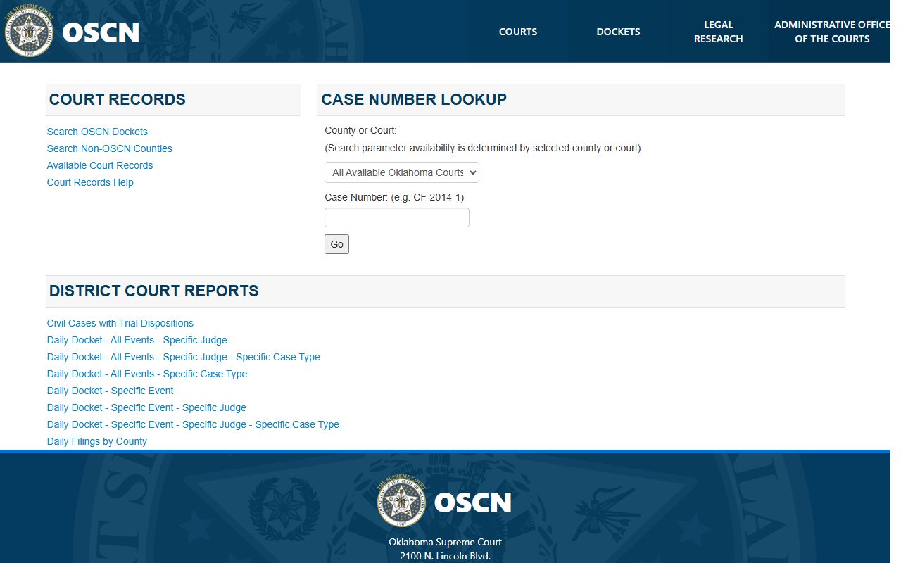 OSCN docket search portal for Oklahoma felony records